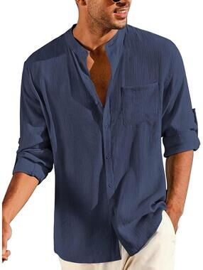 Coofandy Men’s Cotton Linen Collarless Long Sleeve Shirt NEW 2XL Blue